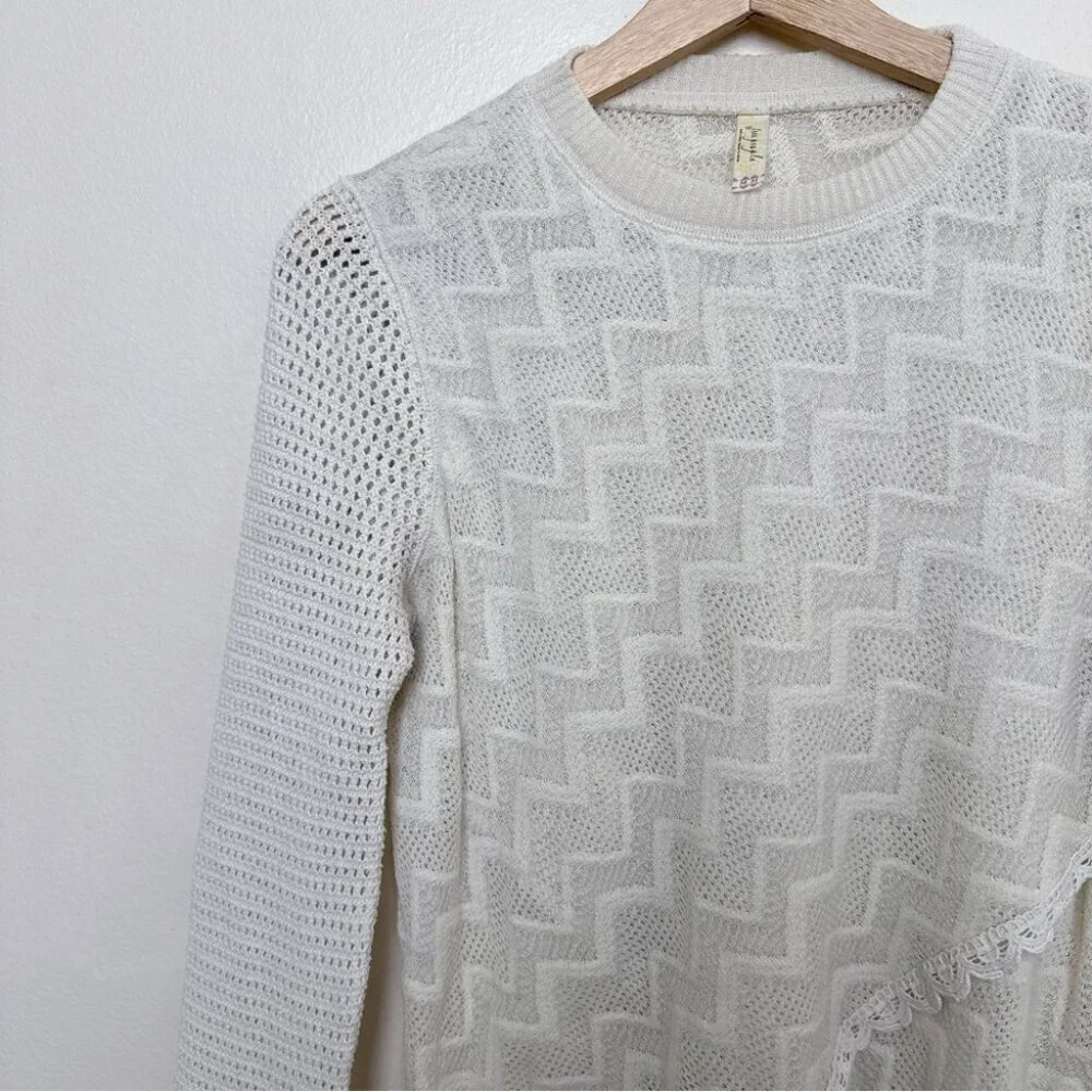 Free People Womens Medium Ivory Crochet Semi Sheer Long Sleeve Boxy